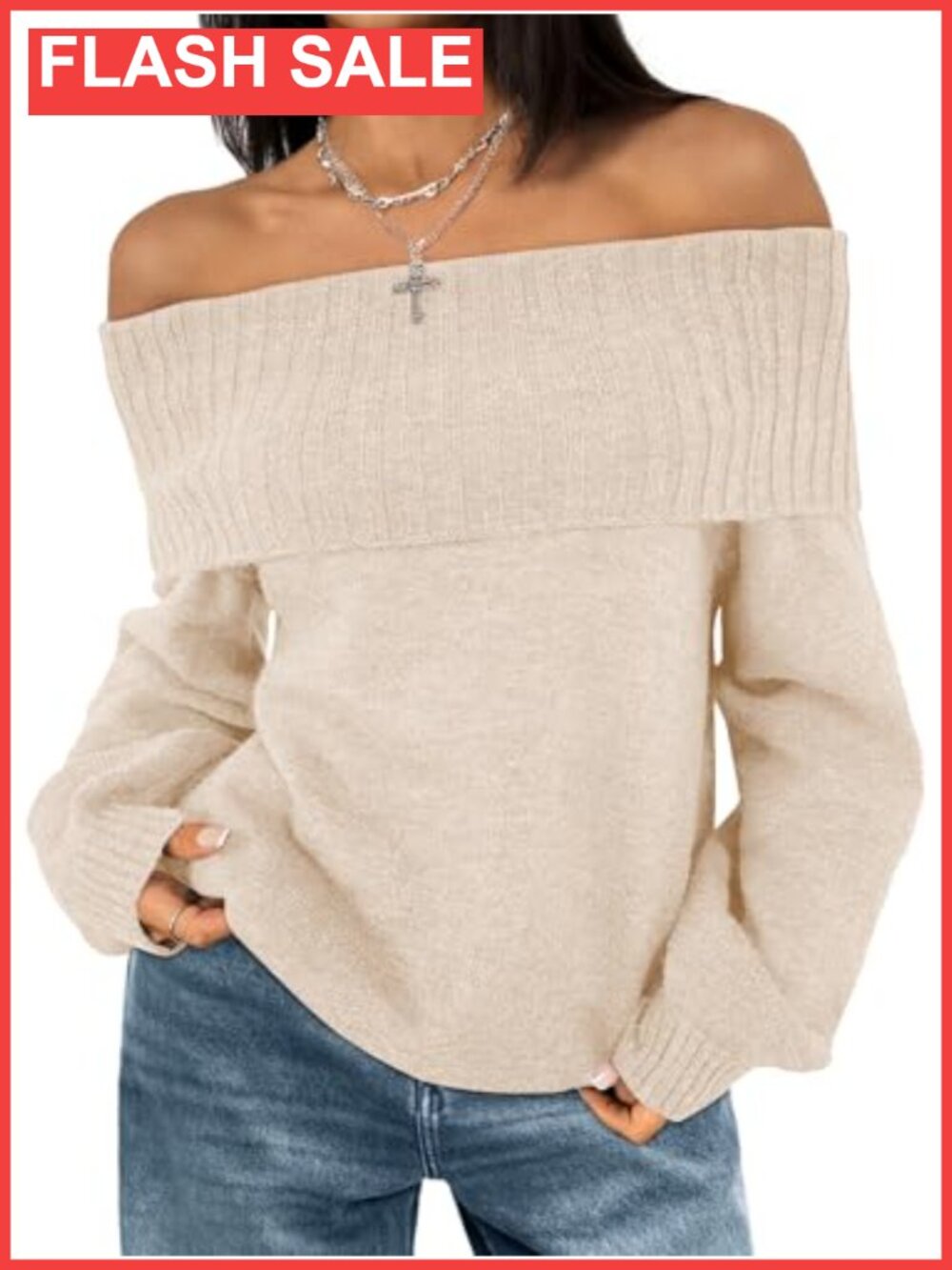 Off The Shoulder Oversized Knit Pullover Sweater Long Sleeve Loose Fit Casual
